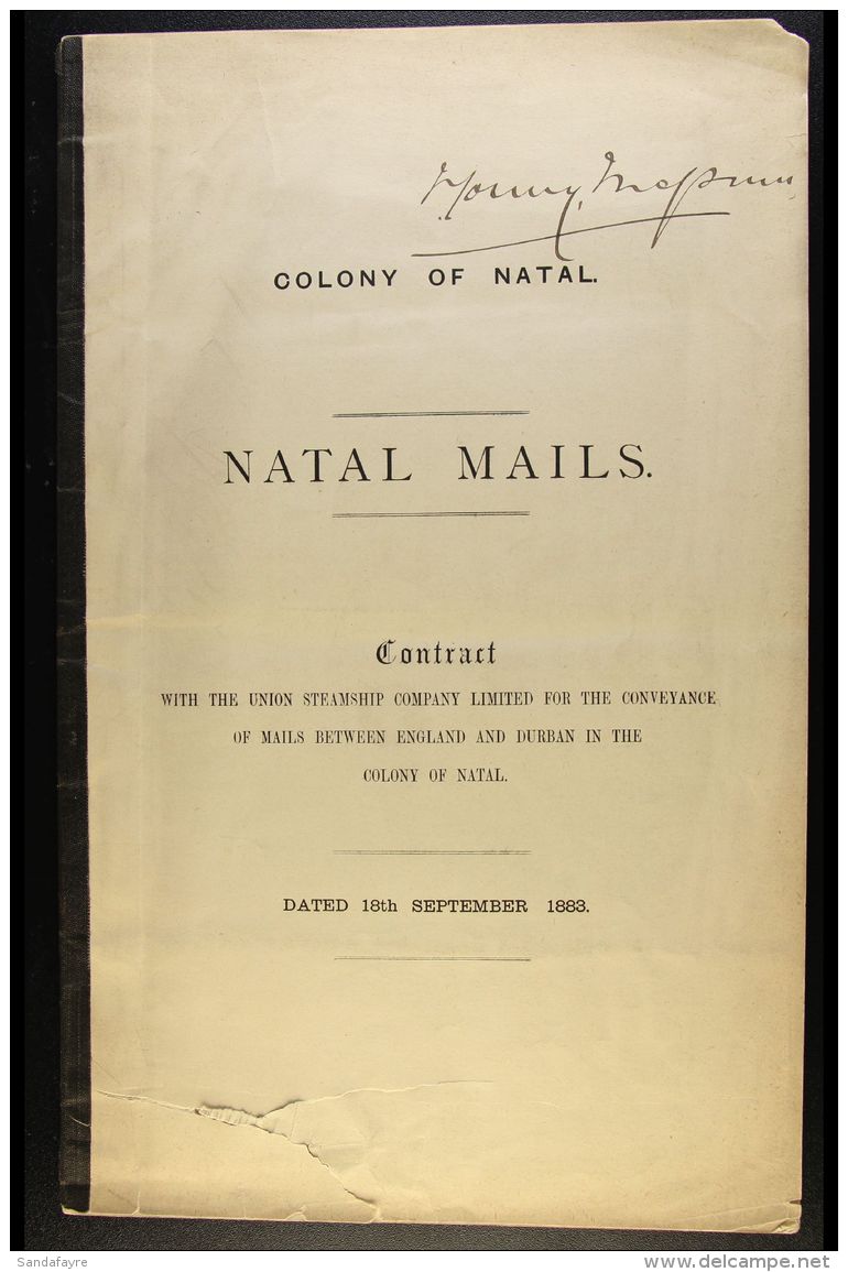 NATAL 1883 (Sept 18th) MAIL CONTRACT With The Union Steamship Company Ltd For The Conveyance Of Mail Between... - Unclassified