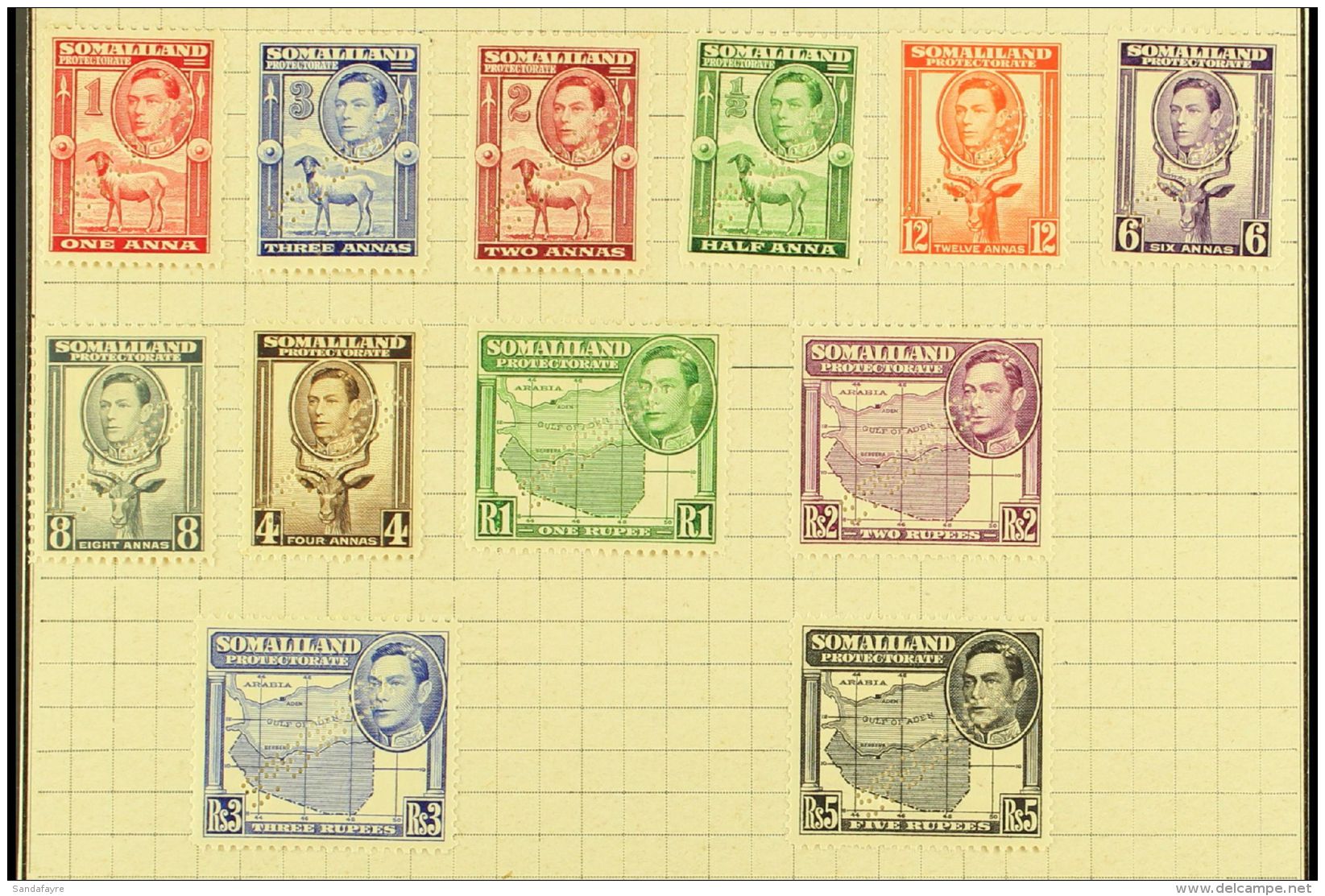 1938 Geo VI Set Complete, Perforated "Specimen",, SG 93s/104s, Very Fine Mint But Affixed To UPU Page. (12 Stamps)... - Somaliland (Protectorate ...-1959)