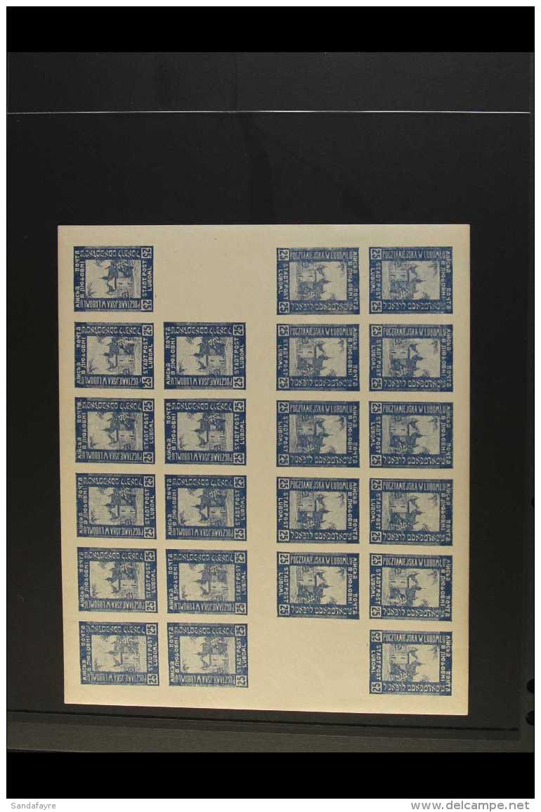 LUBOML LOCAL POST 1918 25h Blue Catholic Church COMPLETE IMPERF SHEET Of 22 Stamps And Two Blank Labels (Barefoot... - Other & Unclassified