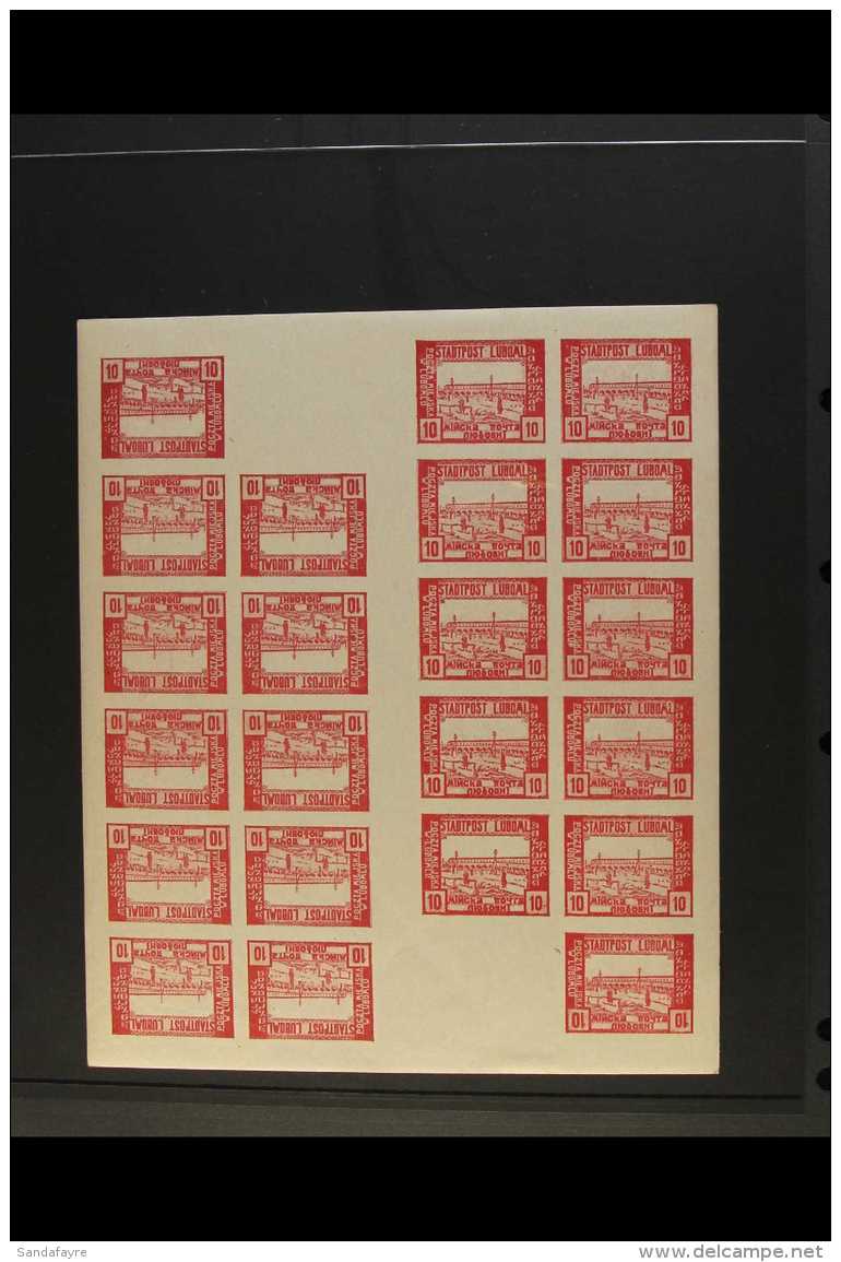 LUBOML LOCAL POST 1918 10h Red Market Hall COMPLETE IMPERF SHEET Of 22 Stamps And Two Blank Labels (Barefoot 2PS,... - Other & Unclassified