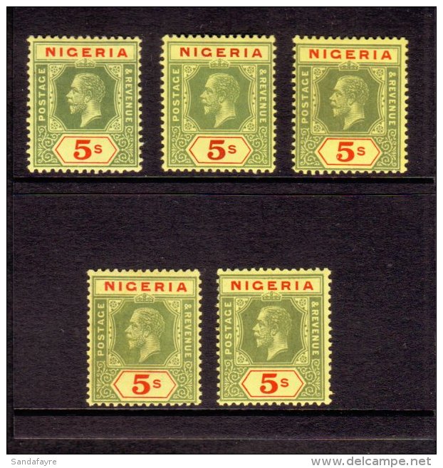 1914-29 5s Green And Red / Yellow Wmk Mult Crown CA FIVE LISTED SHADES, SG 10, 10a, 10c, 10d &amp; 10e, Very Fine... - Nigeria (...-1960)