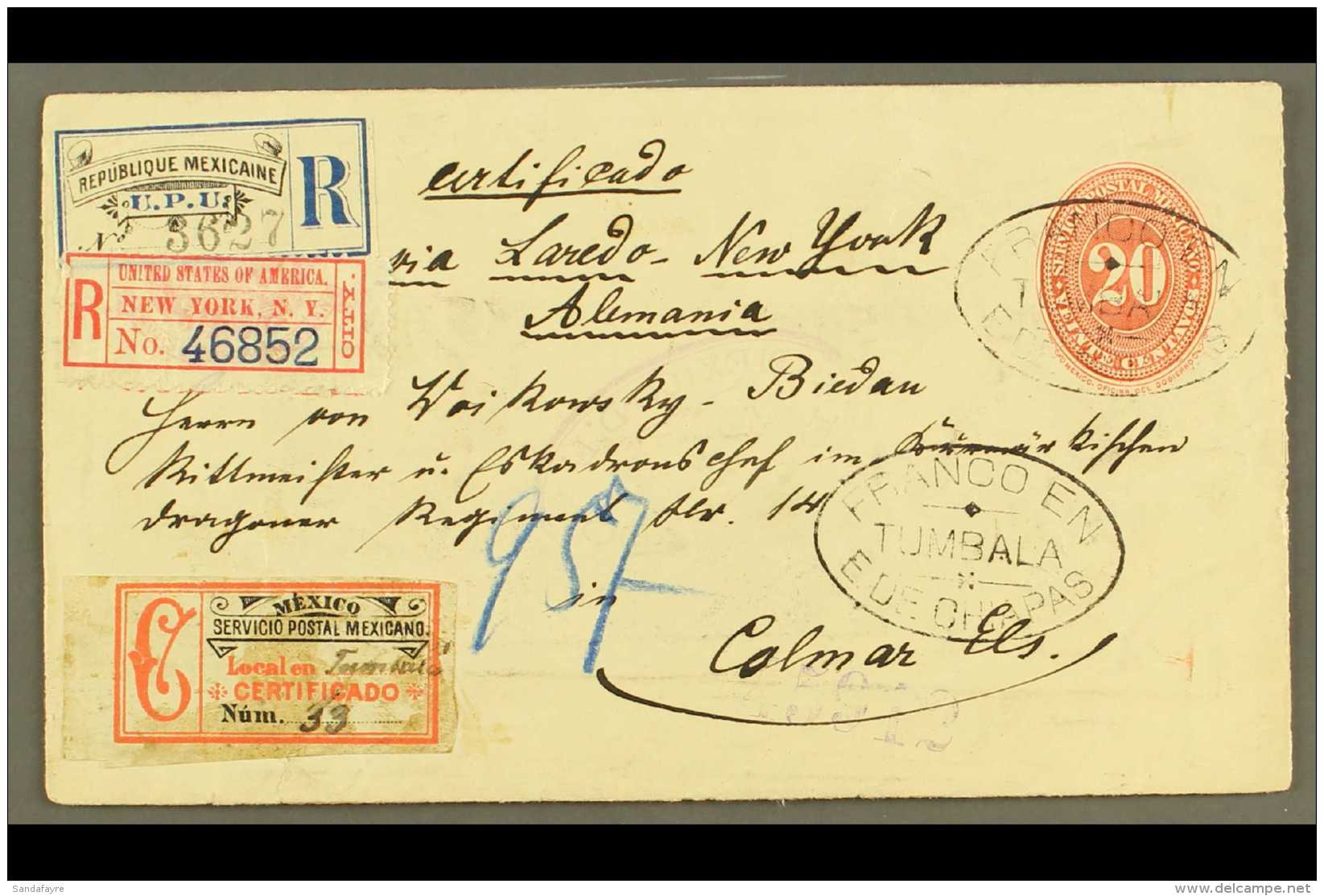 1894 (Dec) 20c Vermilion Numeral Ps Envelope, Registered &amp; Addressed To Germany, Cancelled By "Franco En... - Mexico