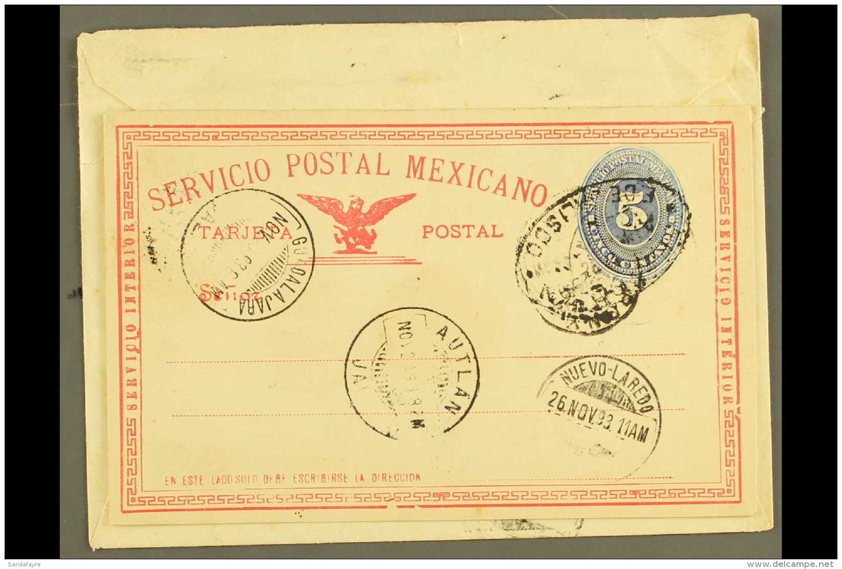 1893 (Nov) Cover Addressed To USA, Bearing (on Reverse) Complete 5c Blue Numeral Postal Stationery CARD ATTACHED... - Mexico