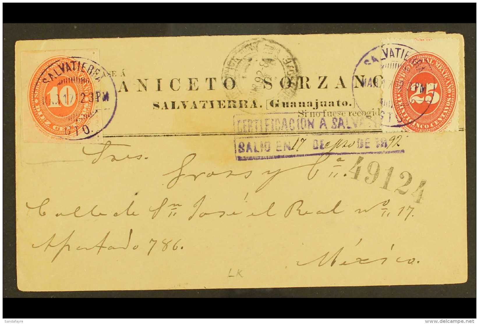 1892 (17 March) Registered Cover Addressed To Cuidad San Jose El Real, Mexico, Bearing 10c Vermilion &amp; 25c... - Mexico