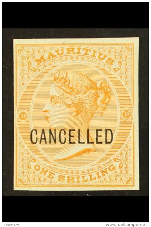1872 1s Orange (as SG 70) IMPERF PROOF On Thick Unwatermarked And Ungummed Paper, Overprinted "CANCELLED", Very... - Mauritius (...-1967)