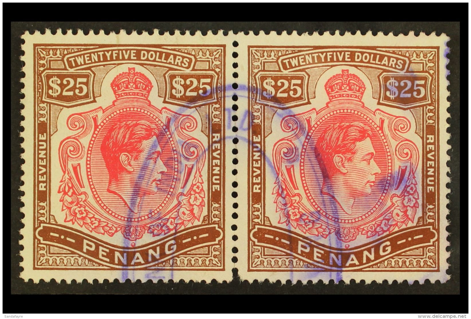 PENANG REVENUE STAMPS 1949 KGVI $25 Red And Brown, Barefoot 1, Fine Used HORIZONTAL PAIR. For More Images, Please... - Other & Unclassified