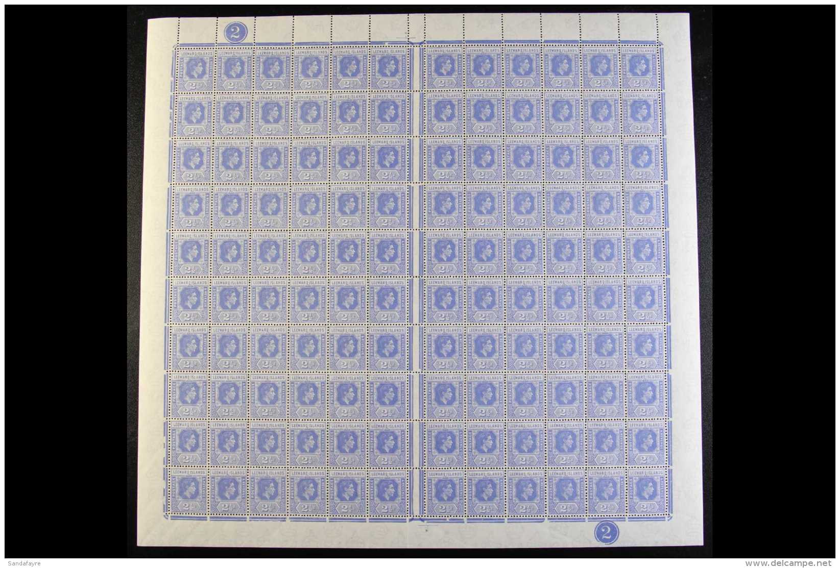 1938-51 KGVI COMPLETE SHEET OF 120 STAMPS 2&frac12;d Light Bright Blue, SG 105a, Plate 2, Complete Sheet Of 120... - Leeward  Islands