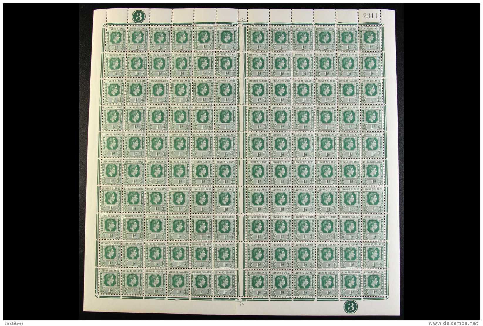 1938-51 KGVI COMPLETE SHEET OF 120 STAMPS 1d Blue Green, SG 100, Plate 3, Complete Sheet Of 120 Stamps As Two... - Leeward  Islands