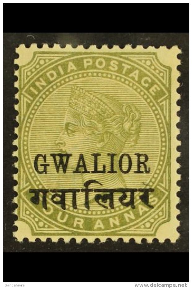 GWALIOR 1885-97 4a Slate-green With OVERPRINT DOUBLE, ONE ALBINO Variety, SG 27ca, Fine Mint. For More Images,... - Other & Unclassified