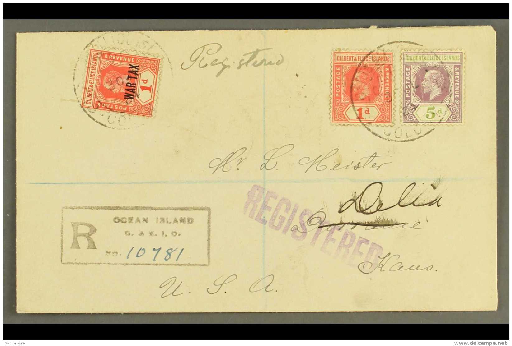 OCEAN ISLAND 1924 Registered Cover To USA, Bearing KGV 1d &amp; 5d, With Additional 1d "War Tax" Stamp, Cancelled... - Gilbert & Ellice Islands (...-1979)