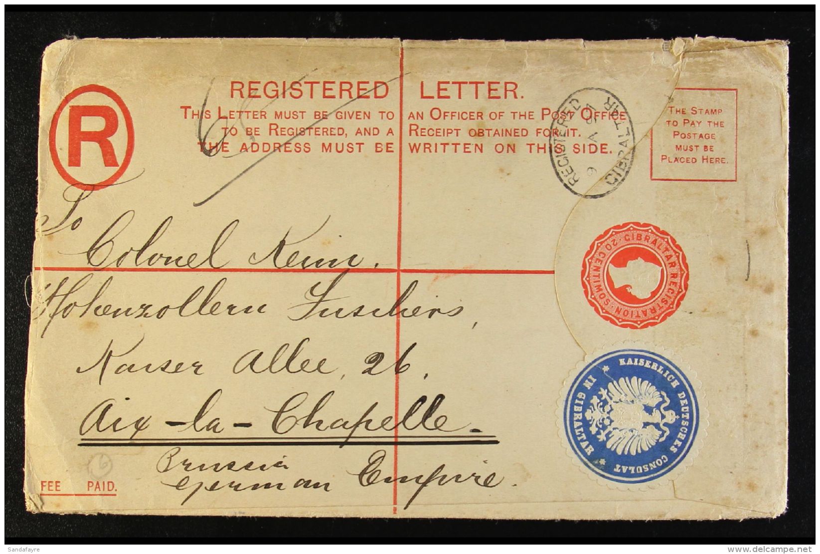 1897 GERMAN CONSULATE COVER. (9 Jan) 20c Postal Stationery Registered Envelope (H&amp;G 9) Addressed To Germany,... - Gibilterra