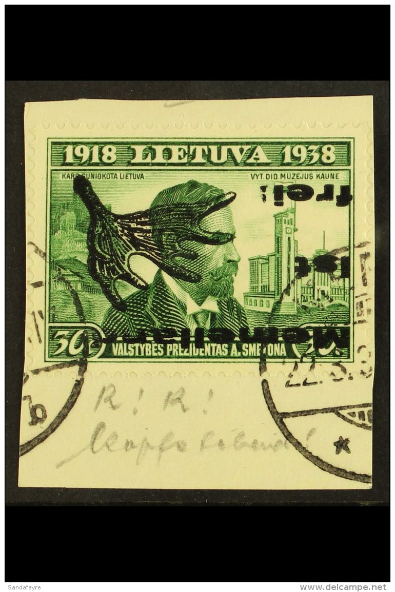 1939 30c Green With "Memelland Ist Frei" Type II INVERTED OVERPRINT Variety, Michel II K, Very Fine Used On Piece.... - Other & Unclassified