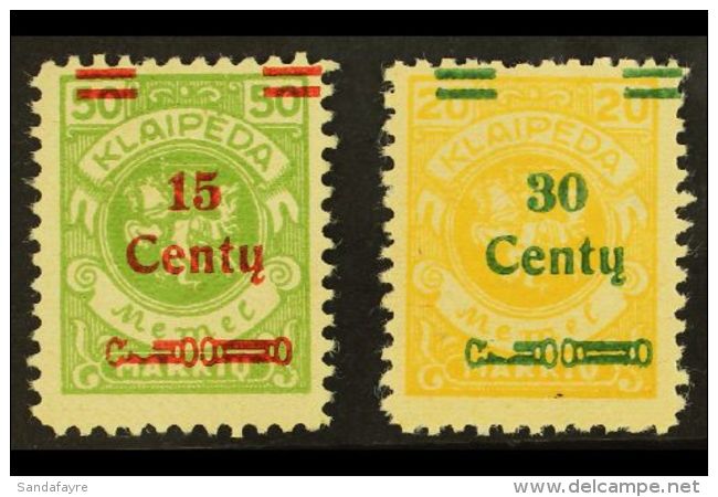 1923 15c On 50m Yellow-green &amp; 30c On 20m Yellow Both With Broken Bar PLATE FLAWS (position 93), Michel 210... - Other & Unclassified