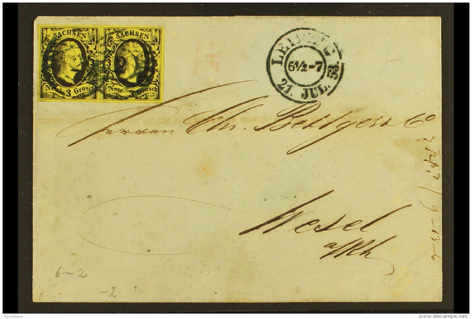 SAXONY 1853 (21st July) Folded Cover To Wesel From Leipzig Bearing Frederick 3Ng Pair (Mi 6) Bearing Berlin, Deutz... - Other & Unclassified