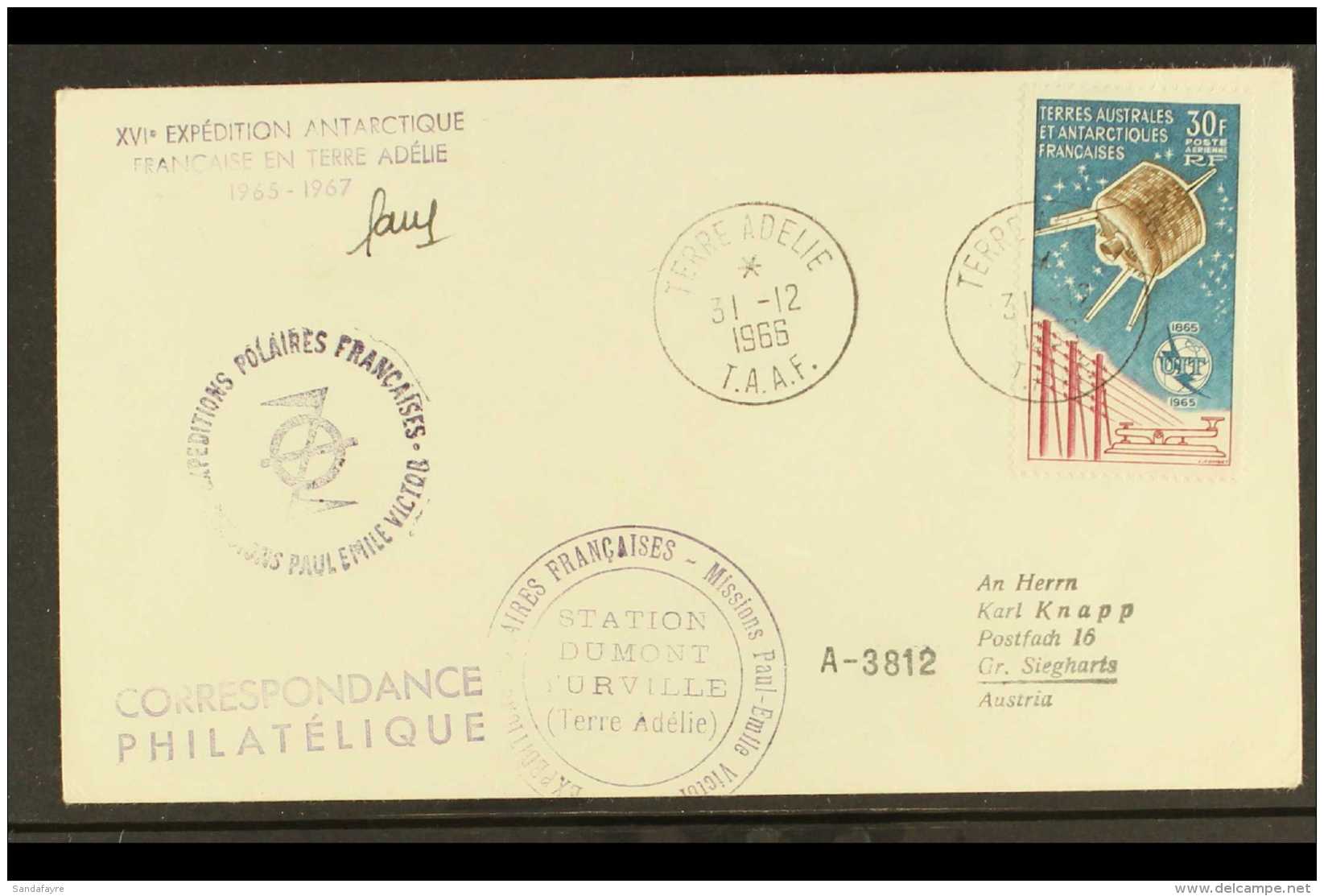 TAAF 1966 (31 Dec) Cover To Austria Bearing 1965 30f UIT Air Stamp (Maury 9), Tied Neat Terre Adelie Cds,... - Other & Unclassified