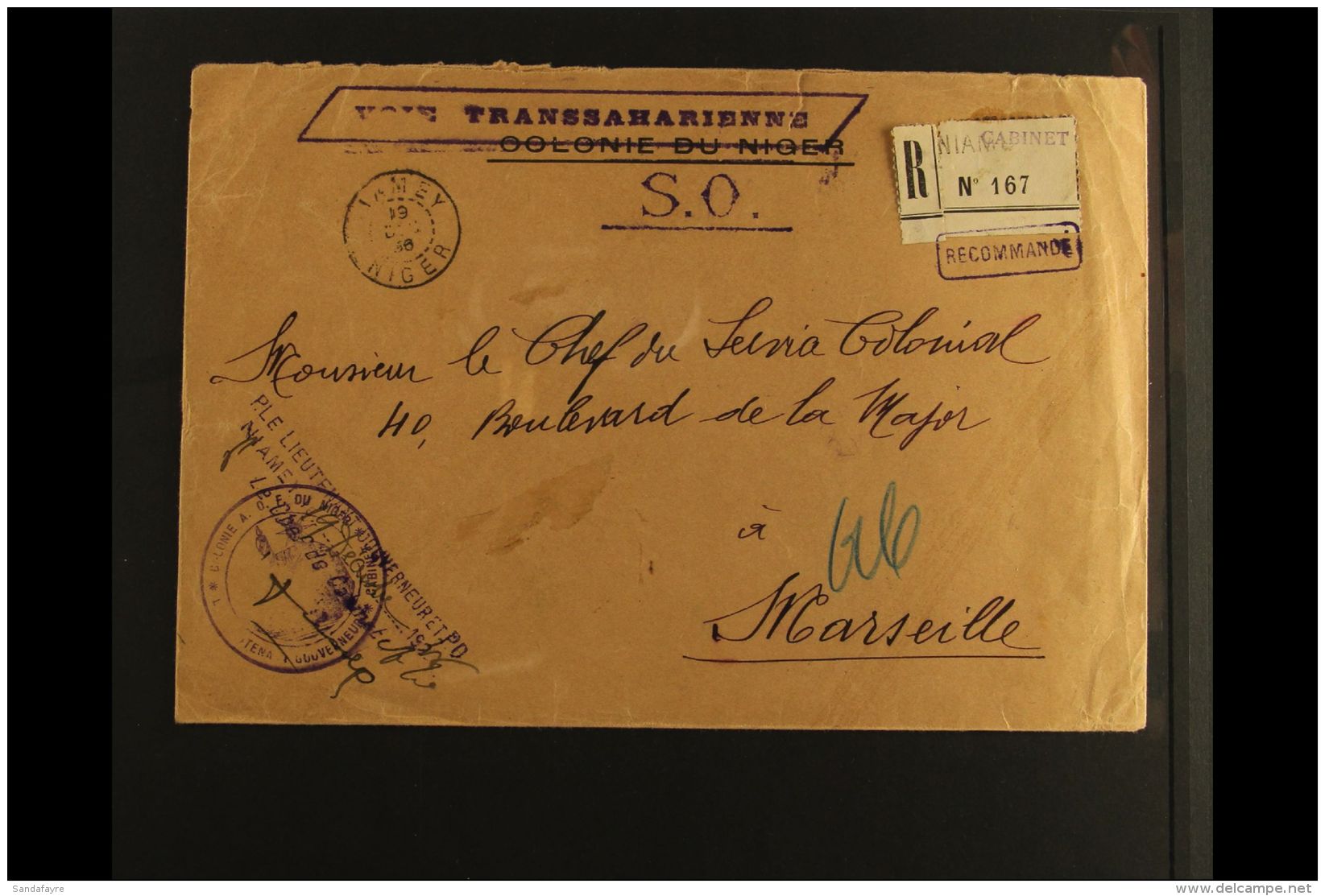 NIGER 1936 (Dec) Stampless Registered Cover From Niamey To Marseilles Showing A Fine Boxed "VOIE TRANSSAHARIENNE"... - Other & Unclassified