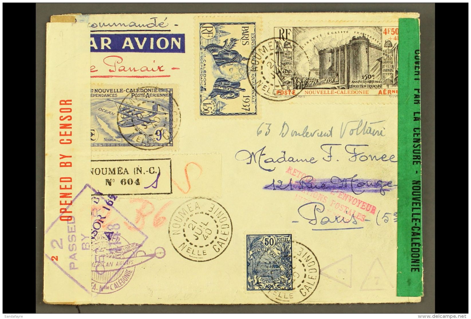 NEW CALEDONIA AMAZING COVER 1940 (21 July) Registered Censored Cover To France, Carried On The Pan American... - Other & Unclassified