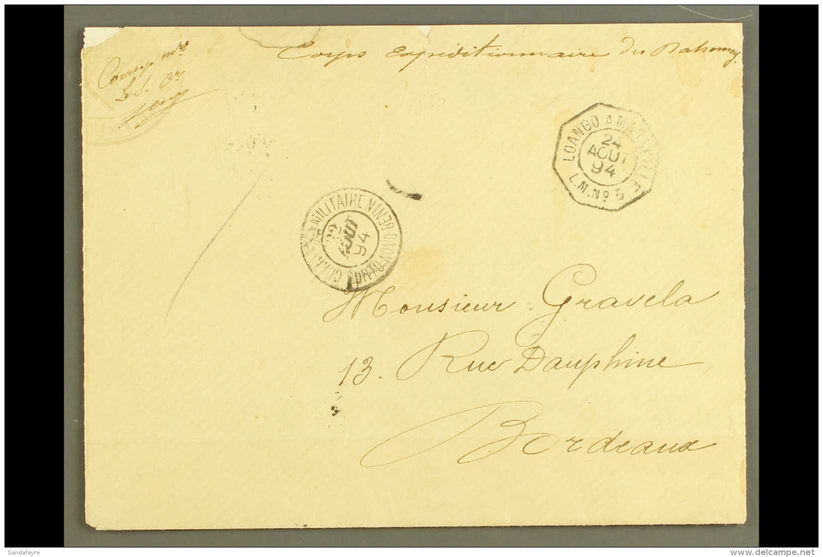 BENIN 1892 Cover To Bordeaux, France With M/s "Corps Expeditionnaire Du Dahomey" With "Correspce Militaire Porto... - Other & Unclassified