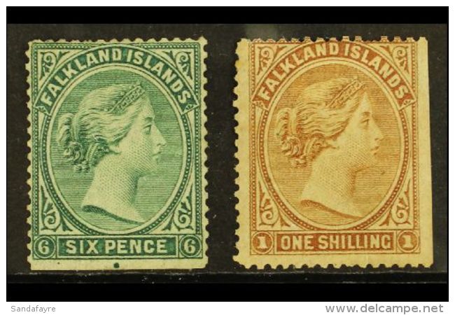 1878-79 6d Blue-green &amp; 1s Bistre-brown, SG 3/4, Mint, Both Marginal Examples With One Straight Edge, 6d With... - Falkland Islands