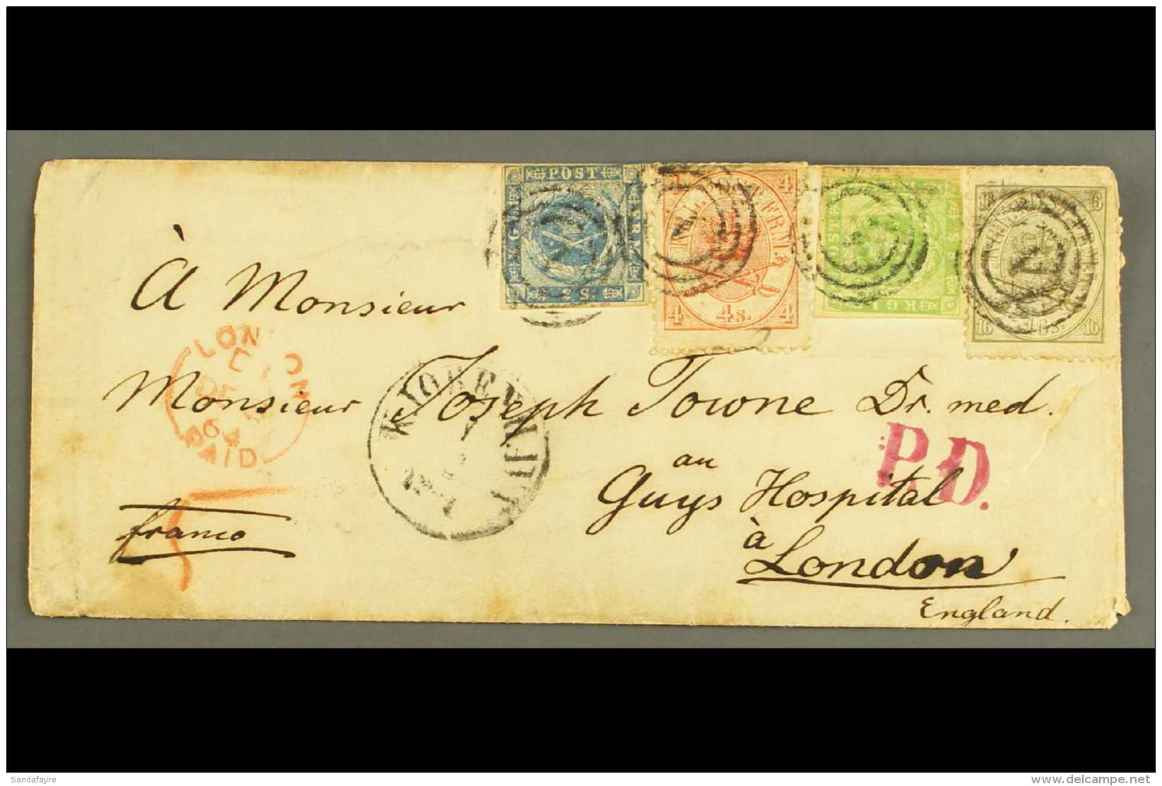 1864 FOUR - COLOUR 30 SKILLING FRANKING. 1864 (Dec) Env Addressed To London, Bearing 1854-57 2s &amp; 8s Dotted... - Other & Unclassified