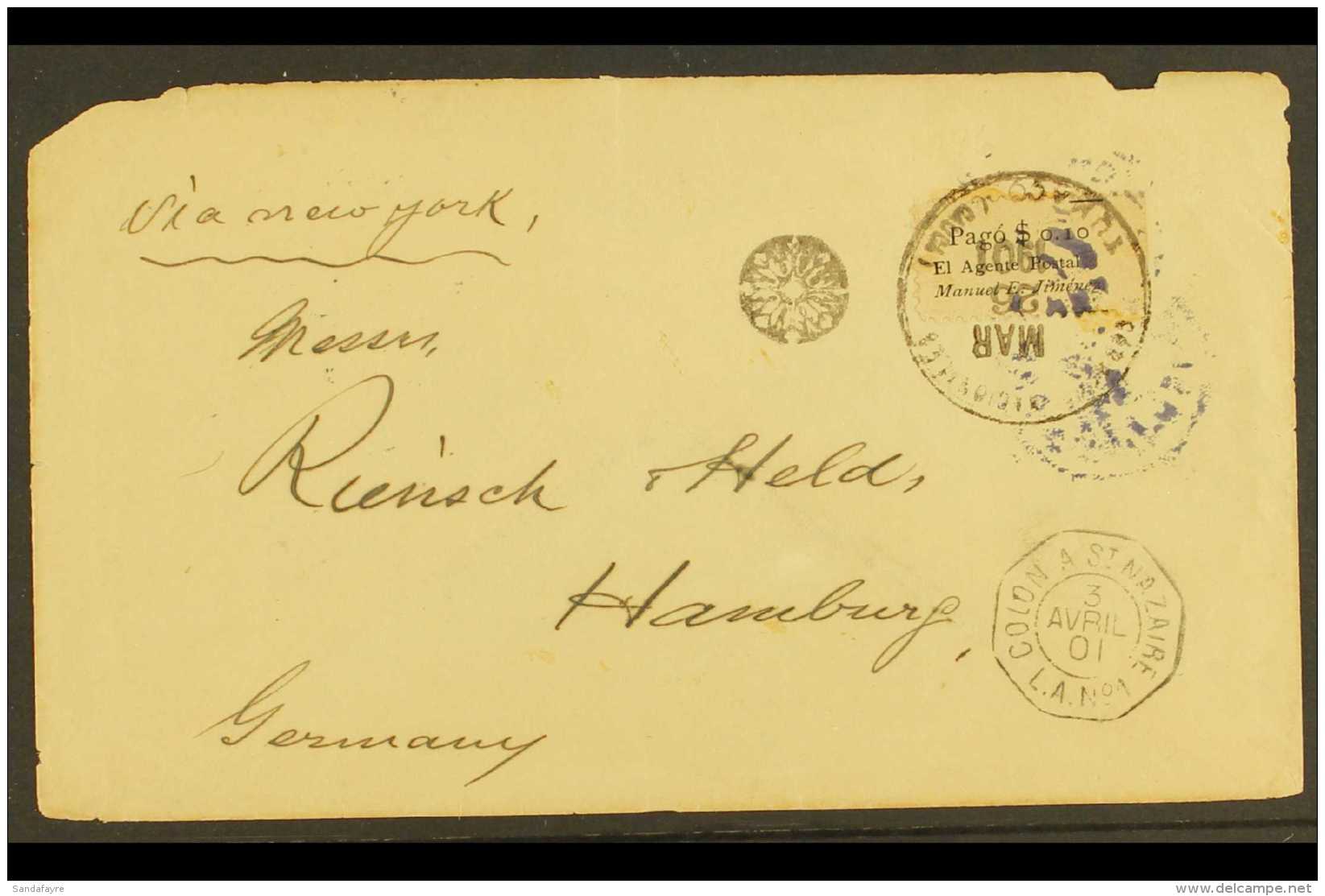 1901 TUMACO PRIVATE POST COVER 1901 (Mar) Cover To Hamburg Bearing 10c "El Agente Postal" Private Post Stamp Tied... - Colombia