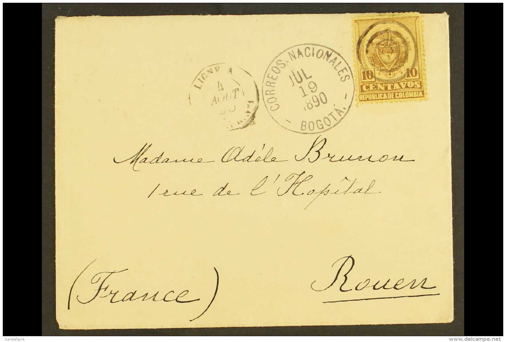 1890 NEAT COVER TO FRANCE Bearing 1890-91 10c Brown On Yellow Tied By Concentric Rings Cancellation And With Very... - Colombia