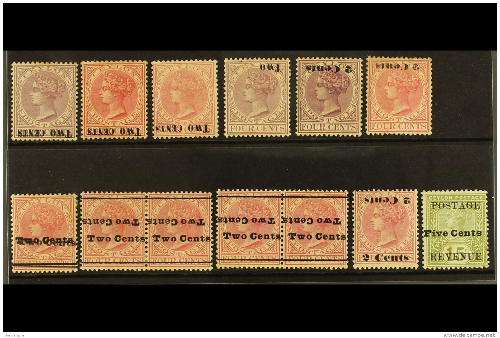 1888-1890 SURCHARGE VARIETIES. 1888-90 2c On 4c With Inverted Surcharges SG 202a, 203a (x2), 204a, 210a &amp;... - Ceylon (...-1947)