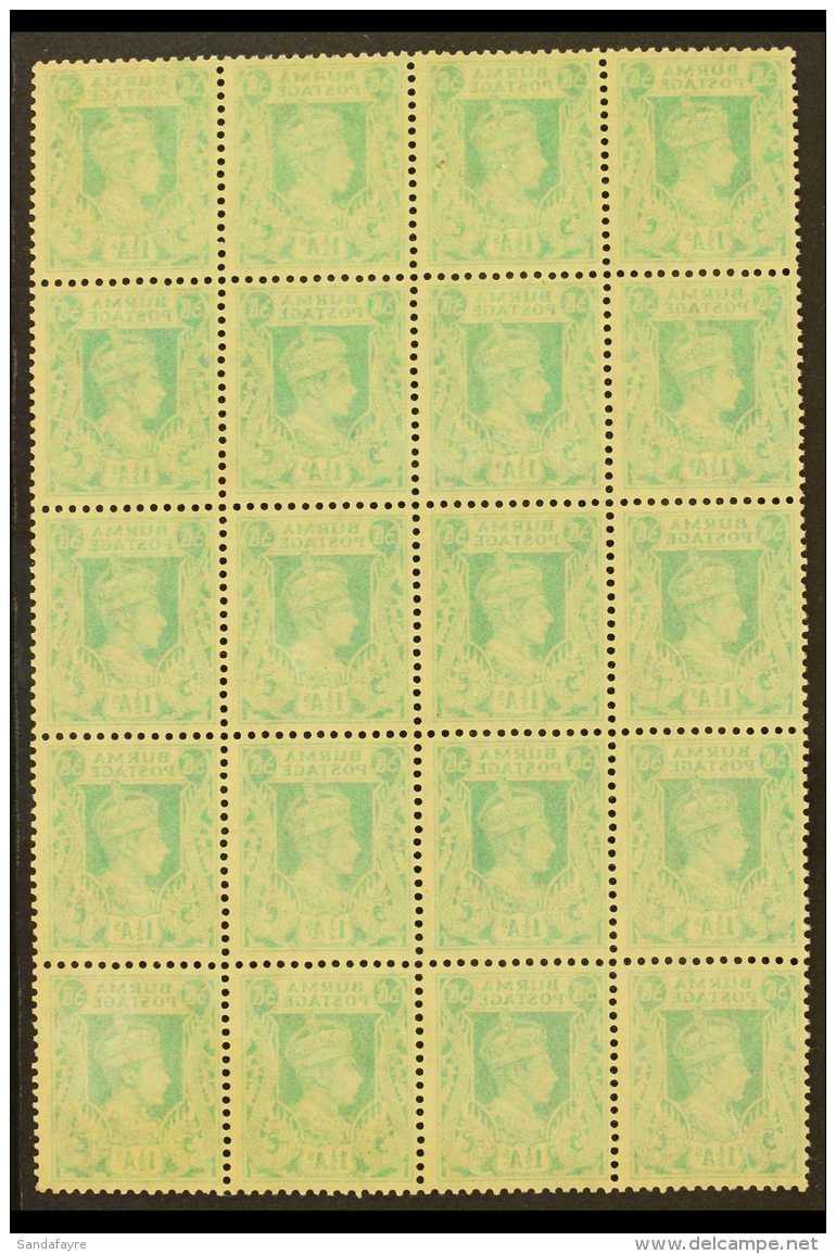 1938-40 KGVI MULTIPLE OFFSET 1&frac12;a Turquoise-green, SG 23, Never Hinged Mint Multiple Of 20 With Full Offset... - Burma (...-1947)