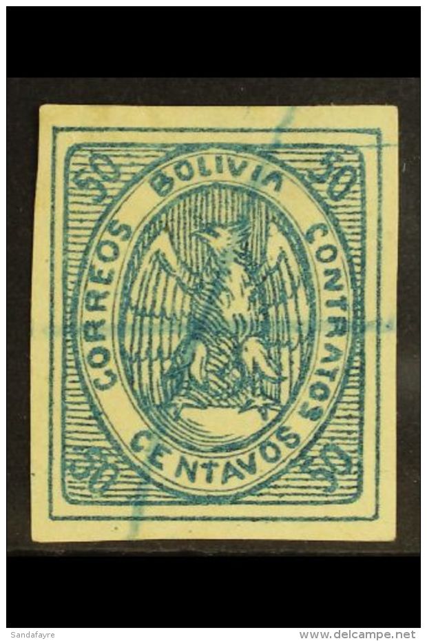 1867-68 50c Blue Condor (Scott 6, SG 11), Fine Used With Pen Cancel, Four Large Margins, Expertized A.Roig. For... - Bolivia