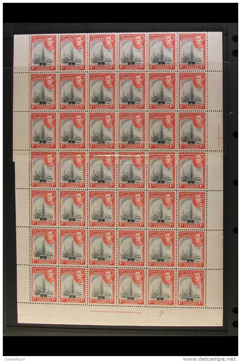 1938-52 COMPLETE SHEET NHM 1d Black &amp; Red, Plate 2, Complete Sheet Of 60 Stamps (6 X 10), Selvedge To All... - Bermuda