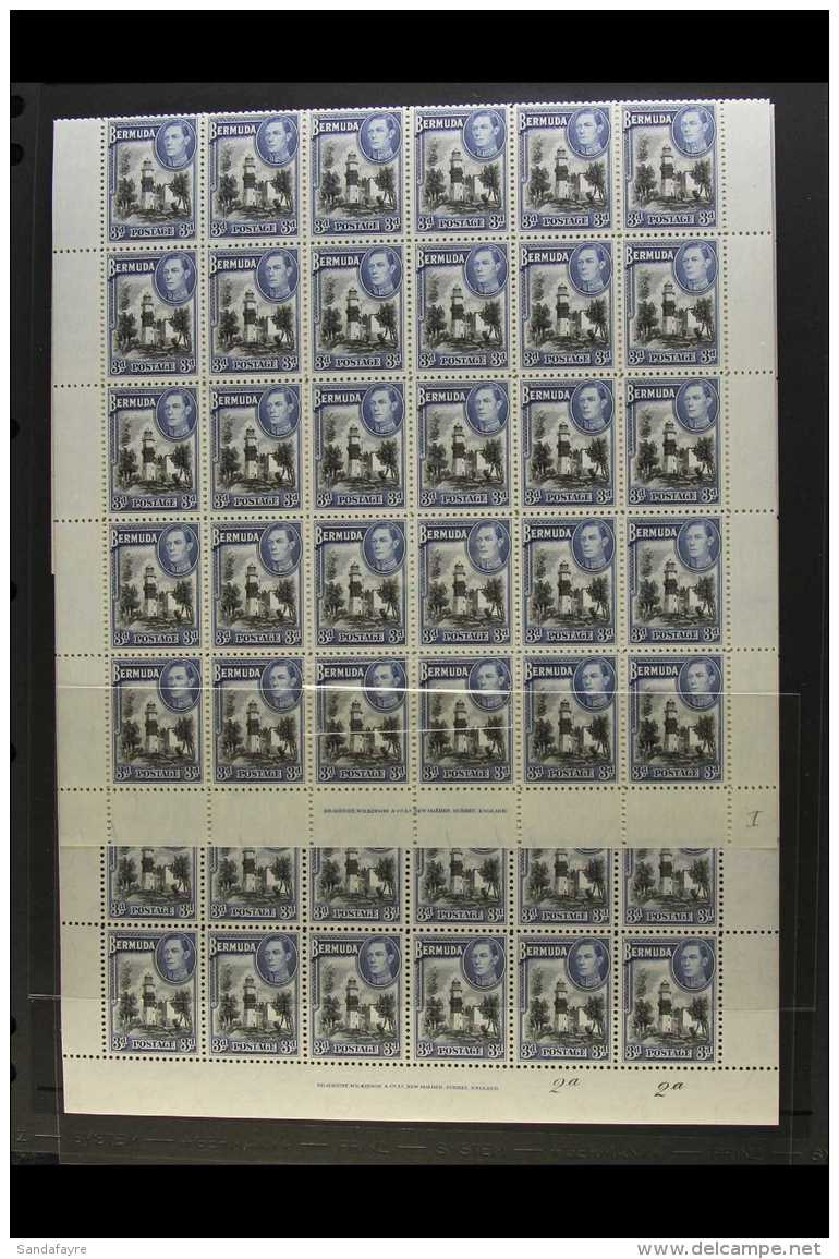 1938-48 KGVI COMPLETE NHM SHEETS OF 60. 3d Black &amp; Deep Blue, SG 114a, Plate/cylinder 2a/2a, Complete Sheets... - Bermuda