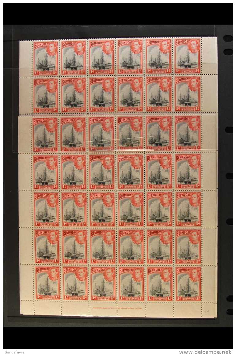 1938-48 KGVI COMPLETE NHM SHEETS OF 60. 1d Black &amp; Red, SG 110, TWO Complete Sheets (different Shades) Of 60... - Bermuda