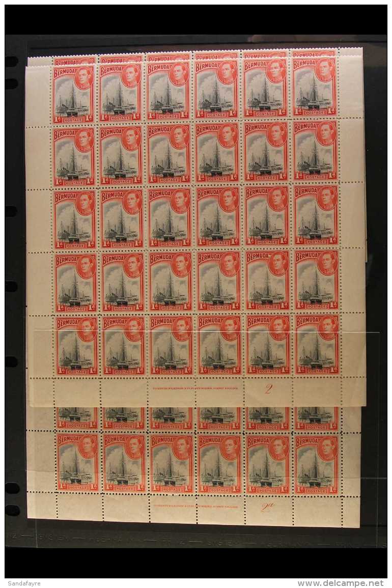 1938-48 KGVI COMPLETE NHM SHEETS OF 60. 1d Black &amp; Red, SG 110, Plate/cylinder 2 &amp; 2A, Complete Sheets Of... - Bermuda