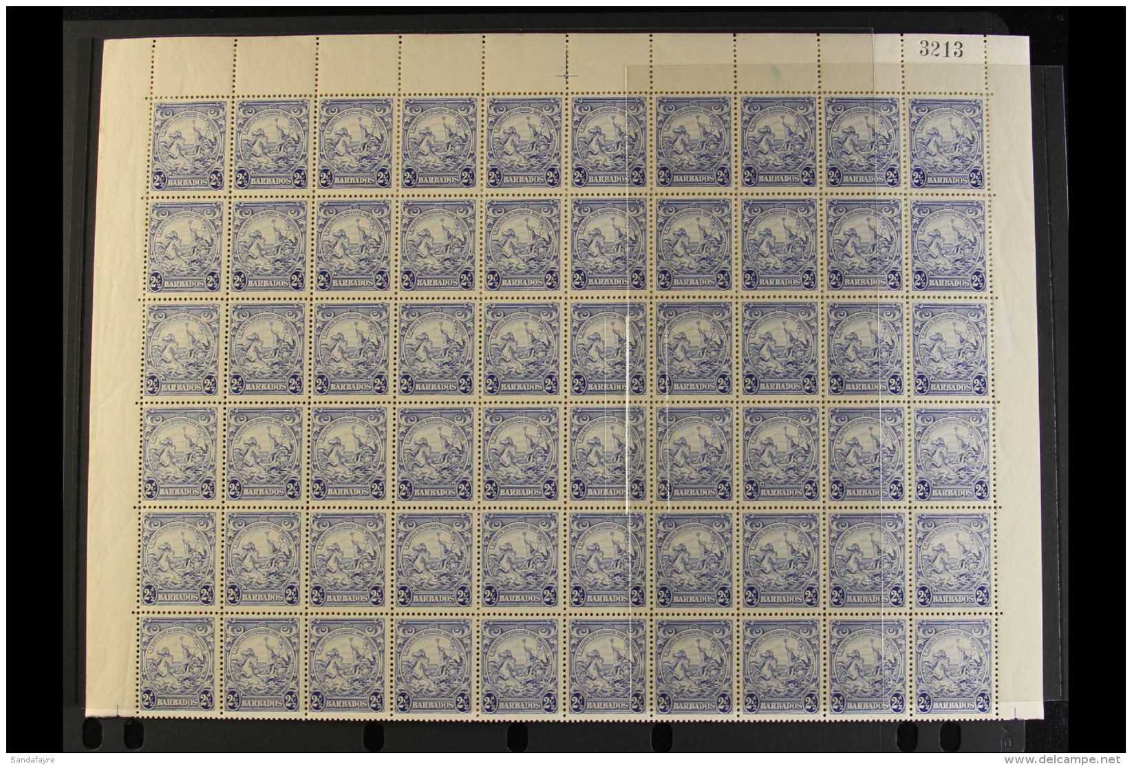 1938-47 COMPLETE SHEET MULTIPLE VARIETIES 2&frac12;d Ultramarine, SG 251, Never Hinged Mint Sheet Of 120 Stamps... - Barbados (...-1966)