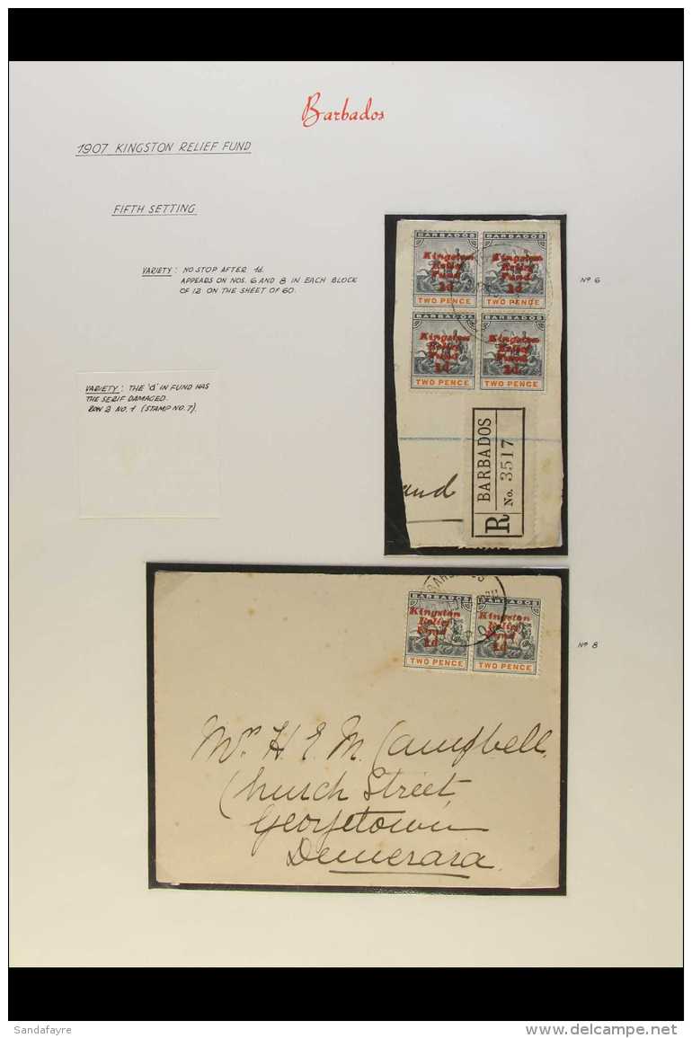 1907 KINGSTON RELIEF FUND FIFTH SETTING - Block Of 4 Used On Piece With Reg'n Label, Shows Position 6 With No Stop... - Barbados (...-1966)