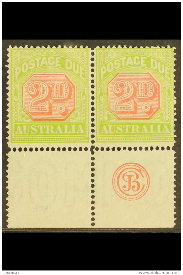 POSTAGE DUES 1913 2d Scarlet And Pale Yellow Green, SG D81,  Bottom Margin Pair R/h Stamp Showing JBC Monogram,... - Other & Unclassified