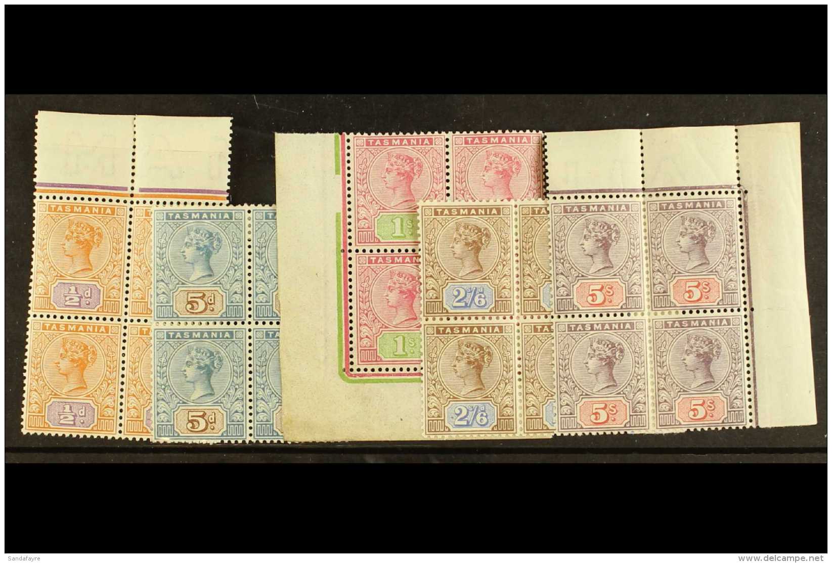 TASMANIA 1892 &frac12;d, 5d, 1s, 2s 6d An 5s, SG 216, 218, 221/223, In Superb Mint Blocks Of 4. (5 Blocks) For... - Other & Unclassified