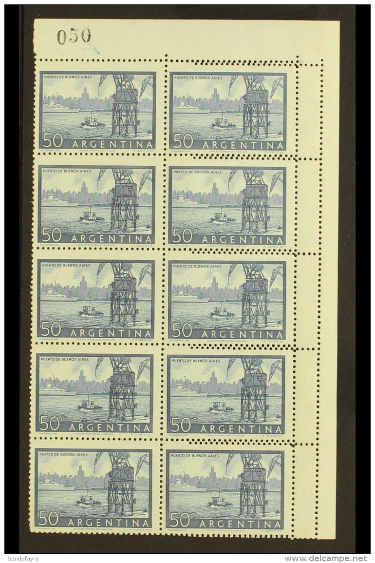 1954-59 50c Blue Buenos Aires Harbour Recess (Scott 632, SG 868), Fine Mint Corner BLOCK Of 10 (2x5)showing DOUBLE... - Other & Unclassified