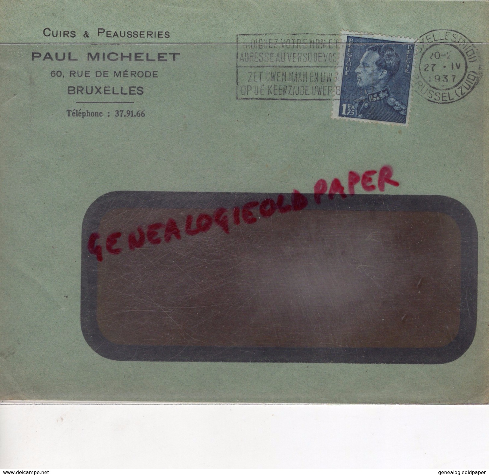 BELGIQUE - BRUXELLES- PAUL MICHELET -CUIRS PEAUSSERIES-MEGISSERIE-60 RUE DE MERODE- 1937 GANTERIE TANNERIE - 1900 – 1949