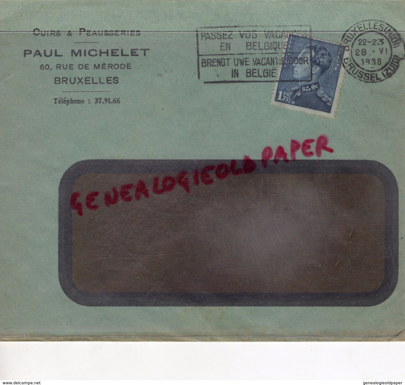 BELGIQUE - BRUXELLES- PAUL MICHELET -CUIRS PEAUSSERIES-MEGISSERIE-60 RUE DE MERODE- 1938 GANTERIE TANNERIE - 1900 – 1949