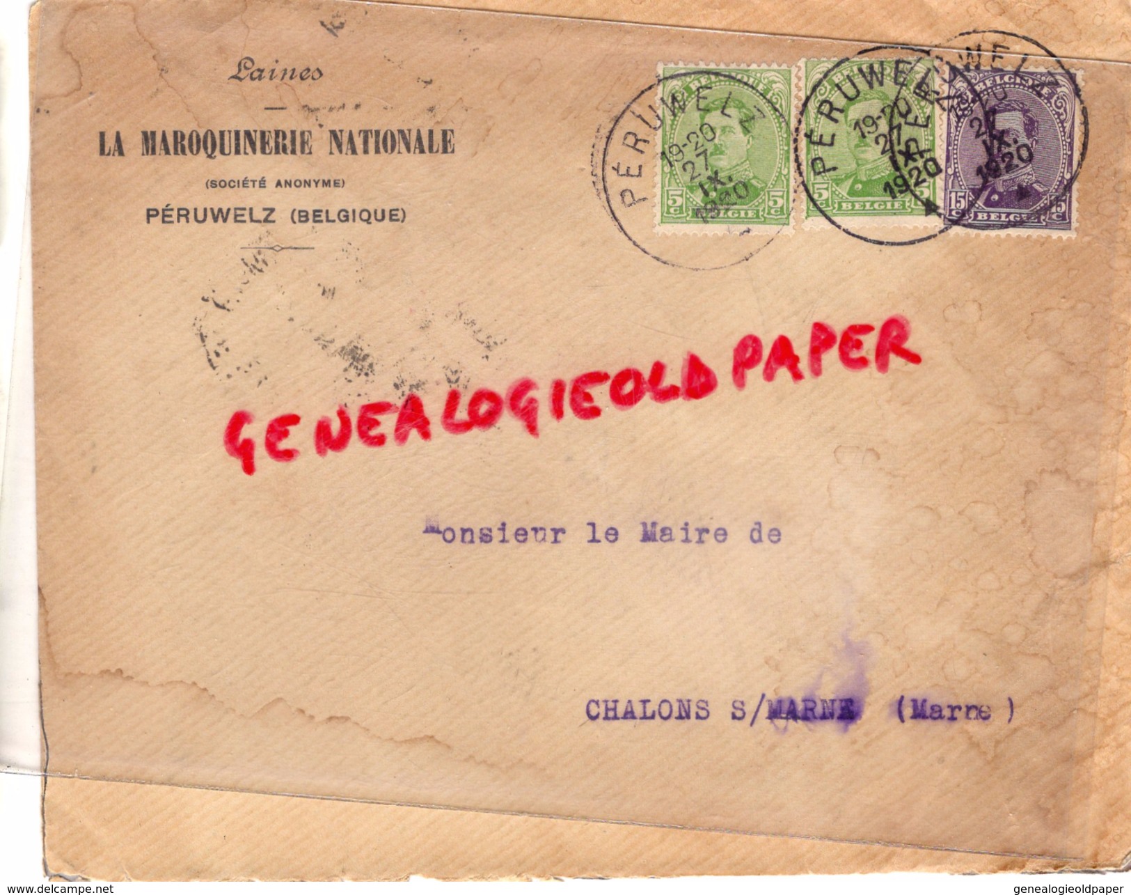 BELGIQUE- PERUWELZ- LA MAROQUINERIE NATIONALE- LAINES- A MR. LE MAIRE DE CHALONS SUR MARNE-1920 - 1900 – 1949