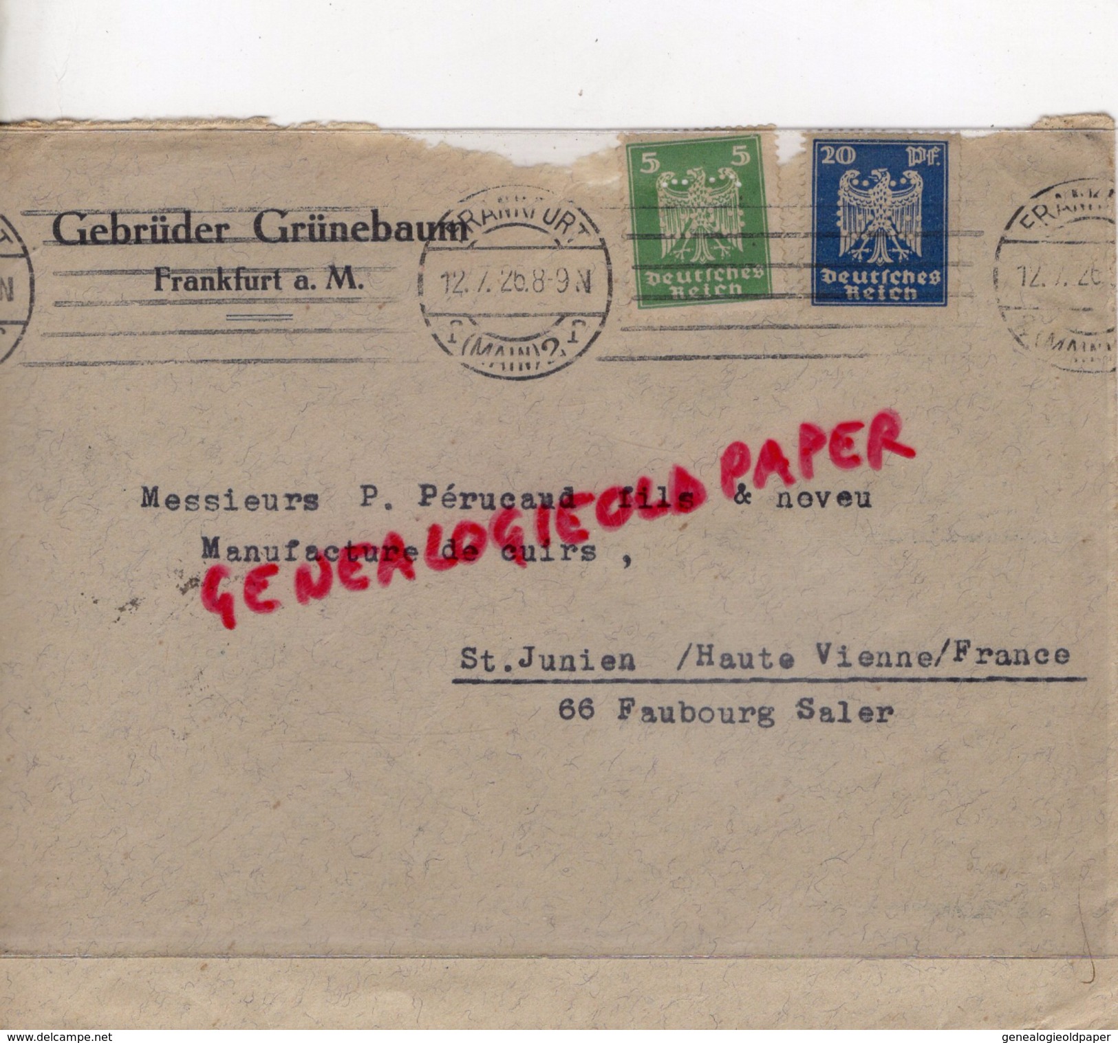 ALLEMAGNE- FRANKFURT - GEBRUDER GRUNEBAUM- A PIERRE PERUCAUD MEGISSERIE SAINT JUNIEN-1926 - 1900 – 1949