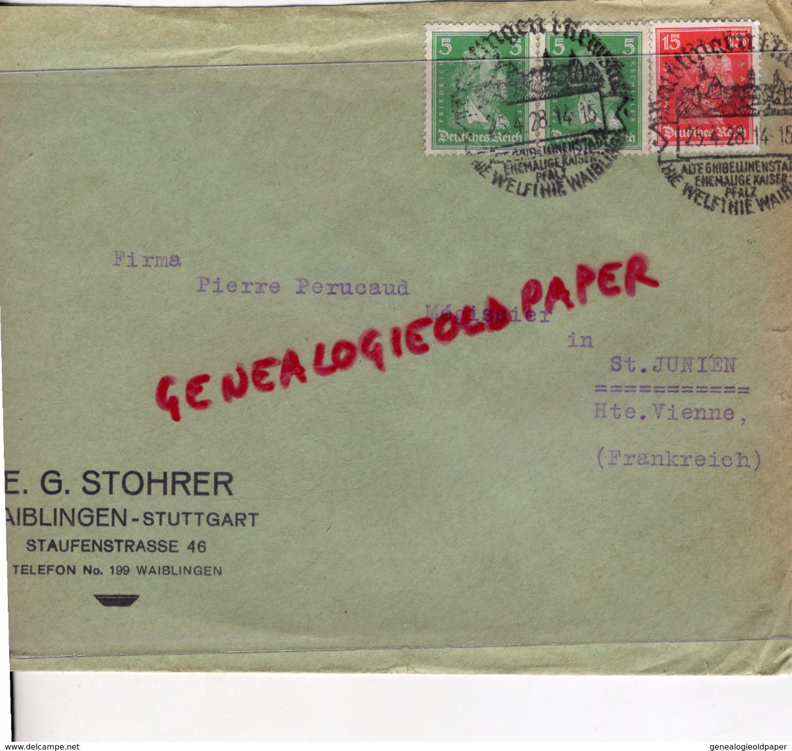 ALLEMAGNE-AIBLINGEN-STUTTGART-E.G. STOHRER-STAUFENSTRASSE 46-A PIERRE PERUCAUD 1928 MEGISSERIE ST SAINT JUNIEN - 1900 – 1949