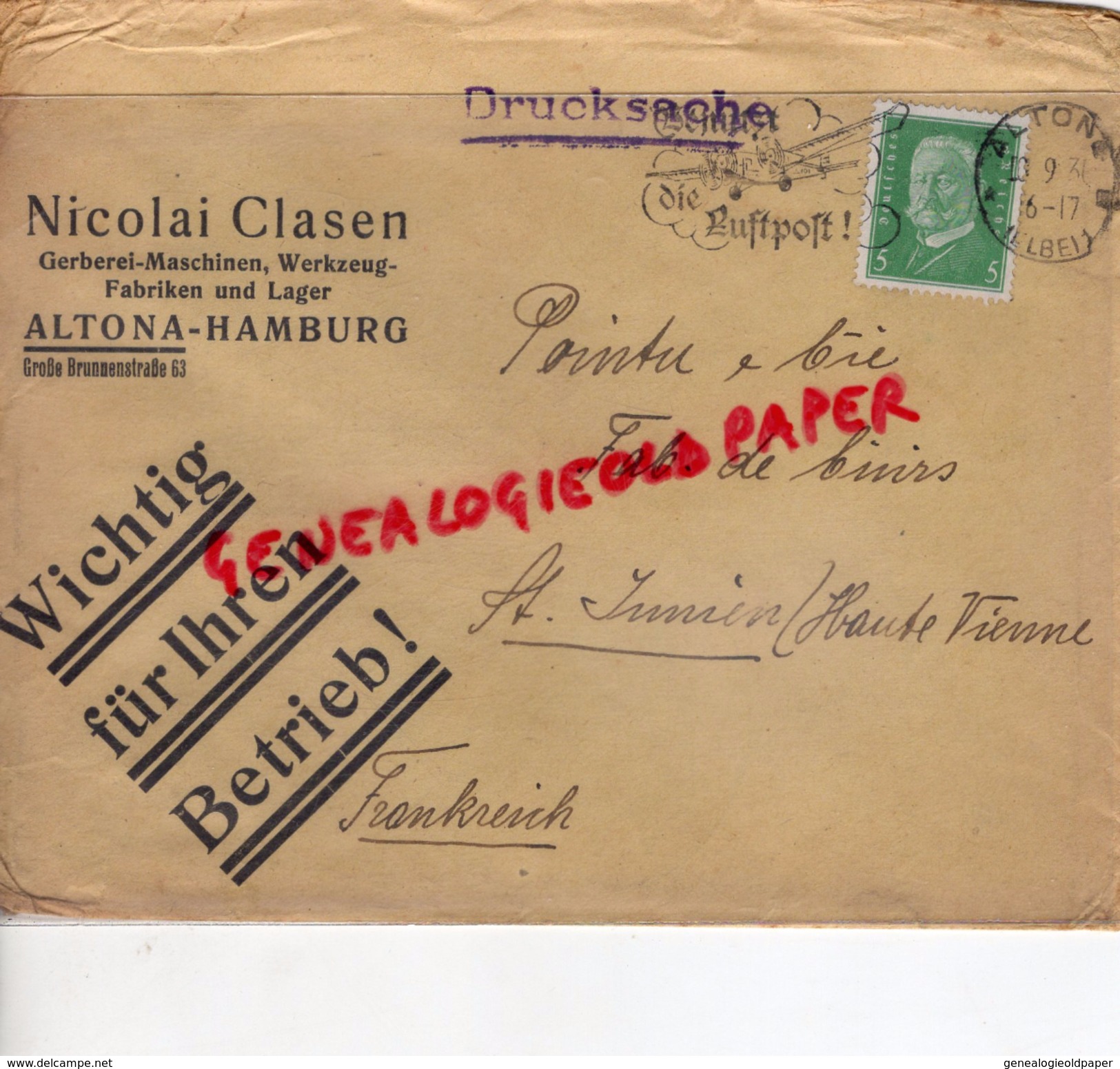 ALLEMAGNE- ALTONA-HAMBURG-NICOLAI CLASEN-DRUCKSACHE -A PIERRE POINTU MEGISSERIE ST SAINT JUNIEN-1917 GANTERIE-LUFTPOST - 1900 – 1949