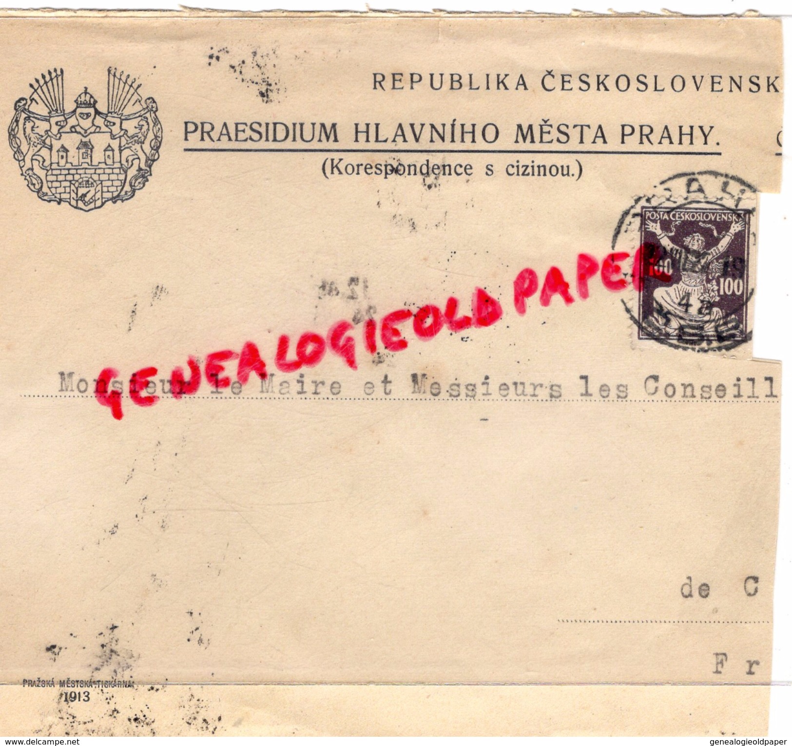 TCHEKIE- REPUBLIKA CESKOSLOVENSK-PRAESIDIUM HLAVNIHO MESTA PRAHY- S. CIZINOU -1924 - Sonstige & Ohne Zuordnung