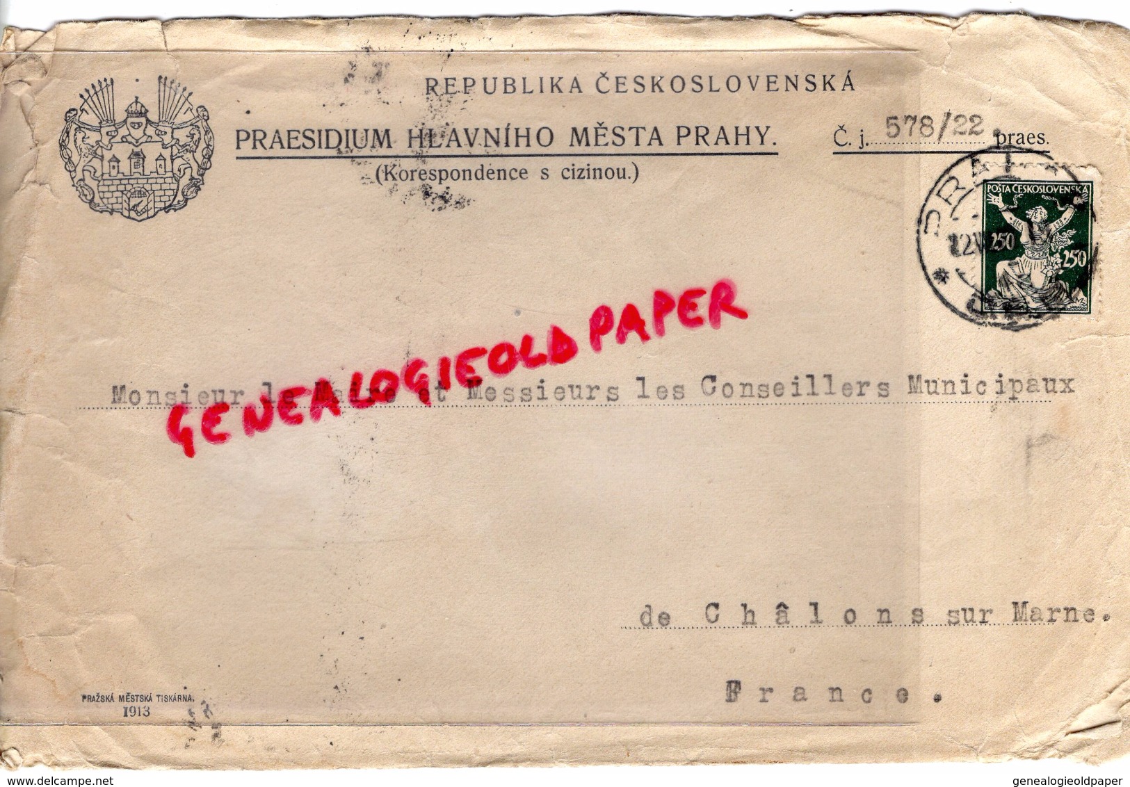 REPUBLIKA CESKOSLOVENSKA- PRAESIDIUM HLAVNIHO MESTA PRAHY- M. LE MAIRE CHALONS SUR MARNE 1922 - Otros & Sin Clasificación