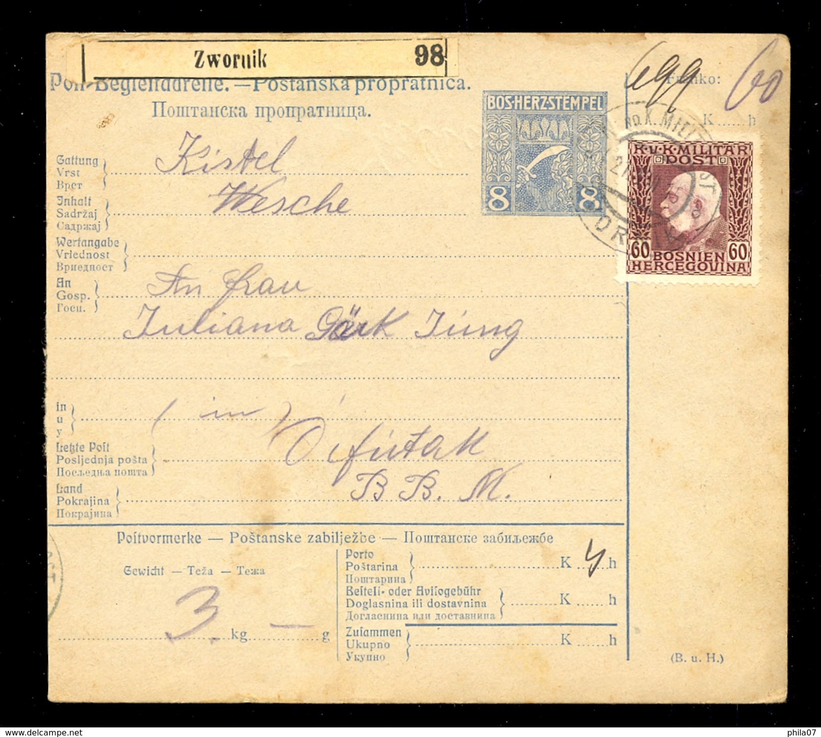 Austria, Bosnia&Herzegovina - Parcel Card Sent From Zwornik To Offutak (Vojvodina) 21.08.1915. / 2 Scans - Lettres & Documents