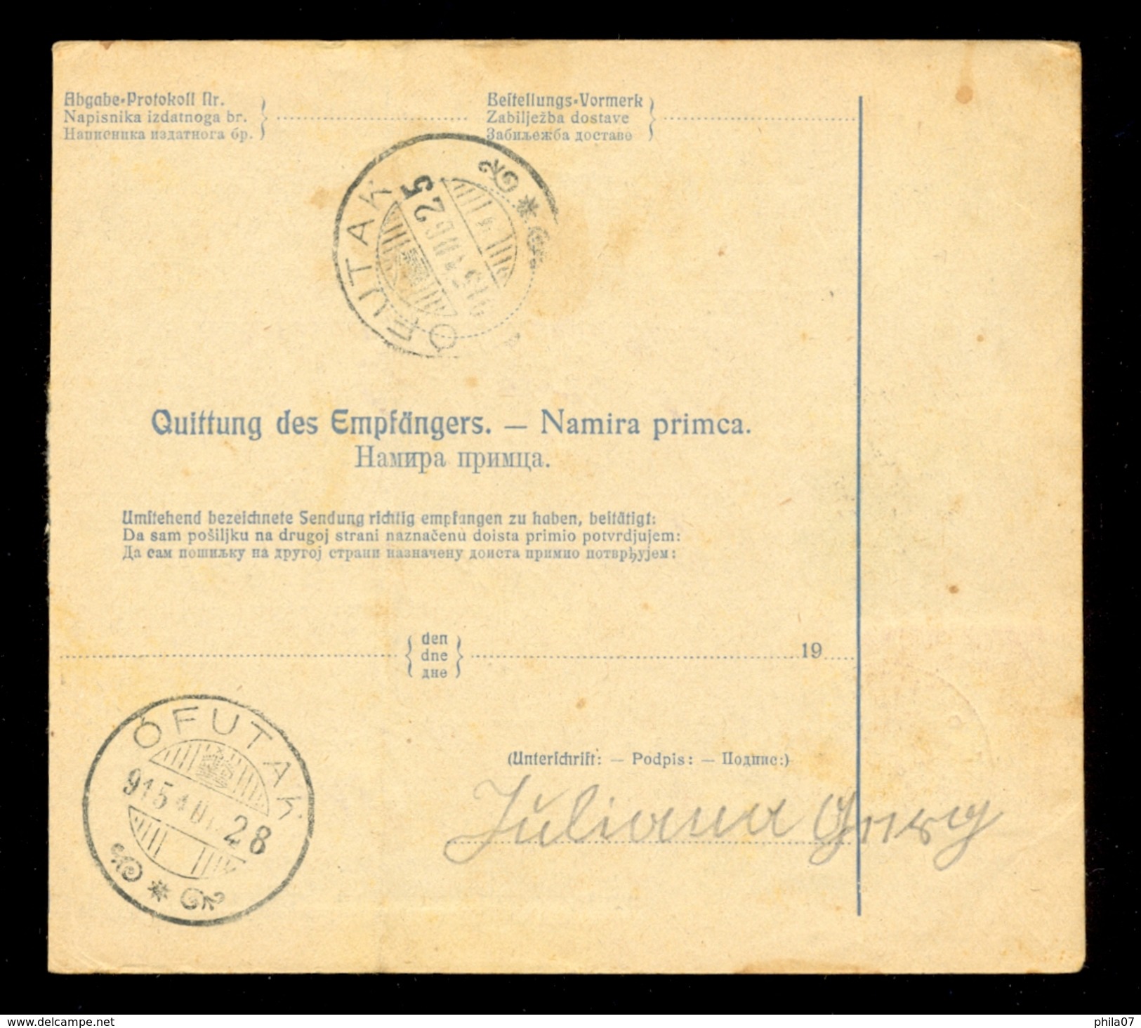 Austria, Bosnia&Herzegovina - Parcel Card Sent From Zwornik To Offutak (Vojvodina) 21.08.1915. / 2 Scans - Briefe U. Dokumente