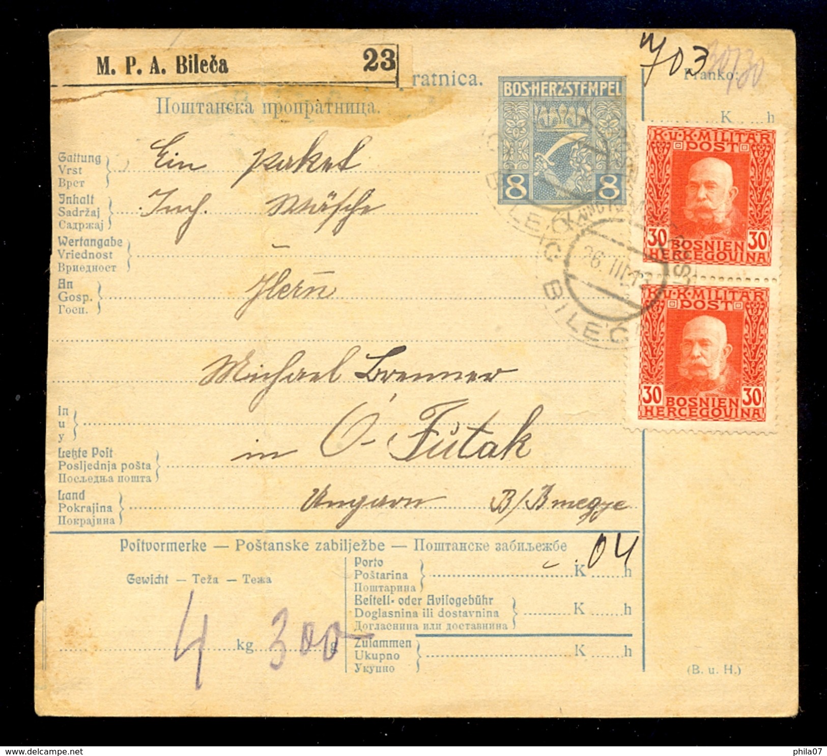 Austria, Bosnia&Herzegovina - Parcel Card Sent From Bileca To Offutak (Vojvodina) 26.03.1913. / 2 Scans - Lettres & Documents