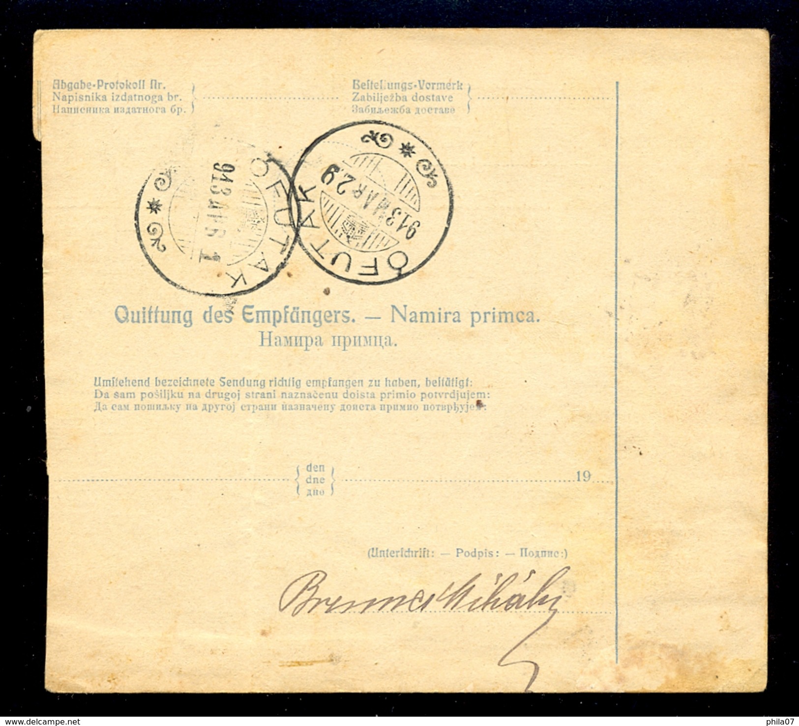 Austria, Bosnia&Herzegovina - Parcel Card Sent From Bileca To Offutak (Vojvodina) 26.03.1913. / 2 Scans - Lettres & Documents